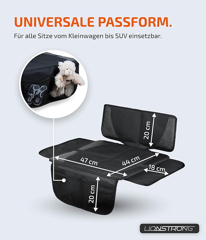 LIONSTRONG Kindersitzunterlage, ISOFIX geeignete Unterlage für Kindersitze, Sitzschoner zum Schutz Ihrer Autositze (S (1er Pack), Schwarz