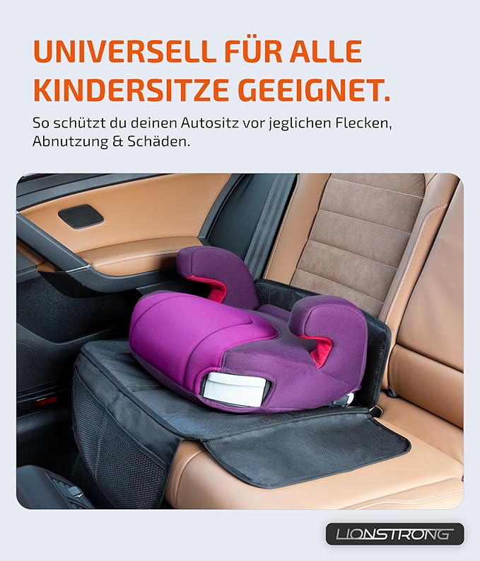 LIONSTRONG Kindersitzunterlage, ISOFIX geeignete Unterlage für Kindersitze, Sitzschoner zum Schutz Ihrer Autositze (S (1er Pack), Schwarz
