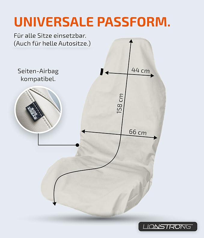 LIONSTRONG® Autositzschoner Vordersitz universell kompatibel [WASSERDICHT] - Autositzbezüge Vordersitze - Sitzschoner Sitzbezüge Auto - Autositz Sitzschutz - Werkstattschoner (Polyester beige)