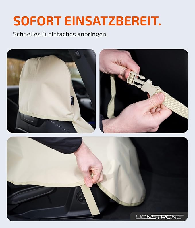 LIONSTRONG® Autositzschoner Vordersitz universell kompatibel [WASSERDICHT] - Autositzbezüge Vordersitze - Sitzschoner Sitzbezüge Auto - Autositz Sitzschutz - Werkstattschoner (Polyester beige)