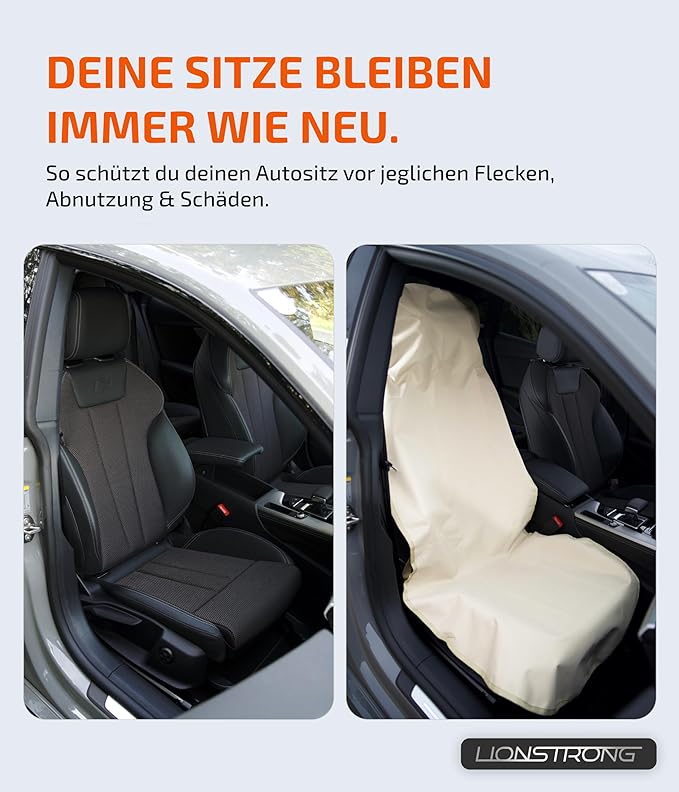 LIONSTRONG® Autositzschoner Vordersitz universell kompatibel [WASSERDICHT] - Autositzbezüge Vordersitze - Sitzschoner Sitzbezüge Auto - Autositz Sitzschutz - Werkstattschoner (Polyester beige)