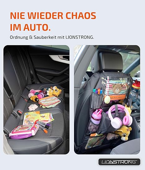 LIONSTRONG® Auto Organizer Kinder Rücksitz schwarz [WASSERDICHT] - Rückenlehnenschutz Auto Kinder universell kompatibel - Autositz Organizer - Sitzschutz Rückenlehne (ORGANIZER (Window Single))