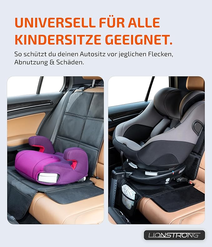 LIONSTRONG® Kindersitzunterlage Autositzschoner [ISOFIX GEEIGNET] - wasserabweisender Polyester Stoff schwarz - Sitzschutz Sitzschoner Auto Kindersitz - universell kompatibel (L (1er Pack))