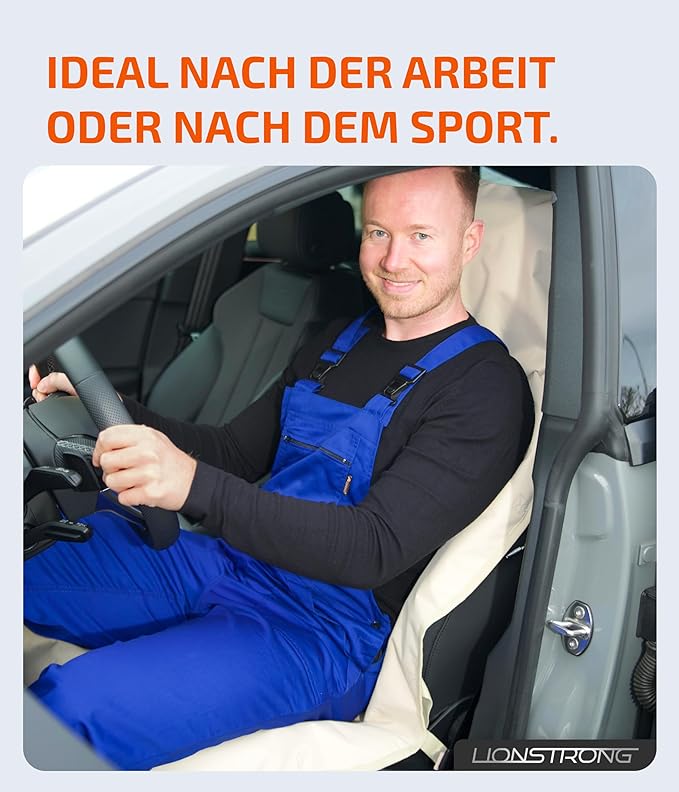 LIONSTRONG® Autositzschoner Vordersitz universell kompatibel [WASSERDICHT] - Autositzbezüge Vordersitze - Sitzschoner Sitzbezüge Auto - Autositz Sitzschutz - Werkstattschoner (Polyester beige)